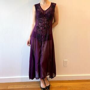 Vintage Y2K silk chiffon hand beaded embellished purple midi dress